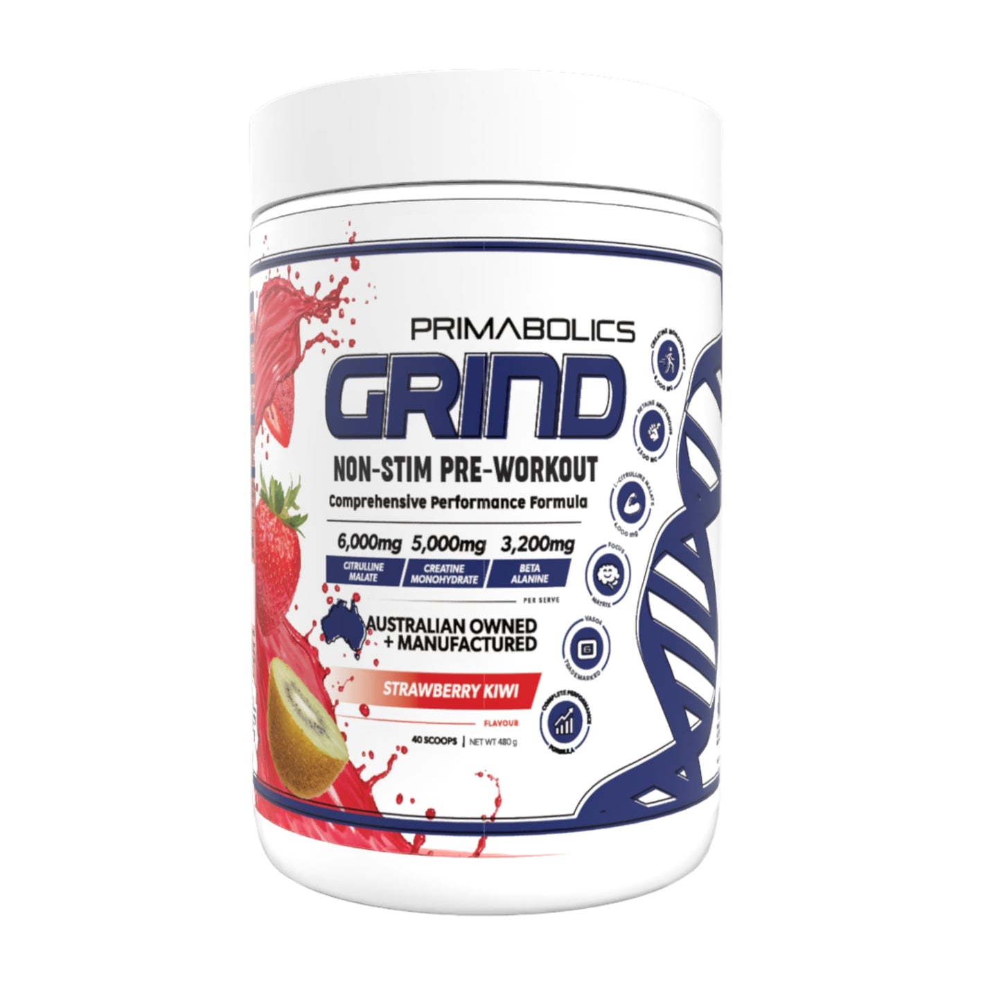 Primabolics Grind pre-workout supplement container with strawberry kiwi flavor on a white background