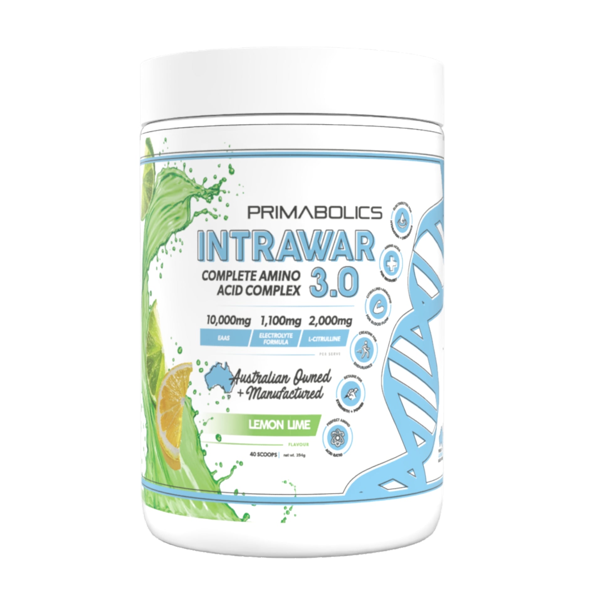 Primabolics Intrawar 3.0 amino acid complex container with lemon lime flavor on a white background