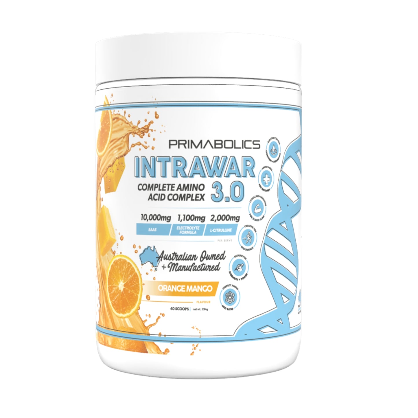 Primabolics Intrawar 3.0 amino acid complex container with orange mango flavor on a white background