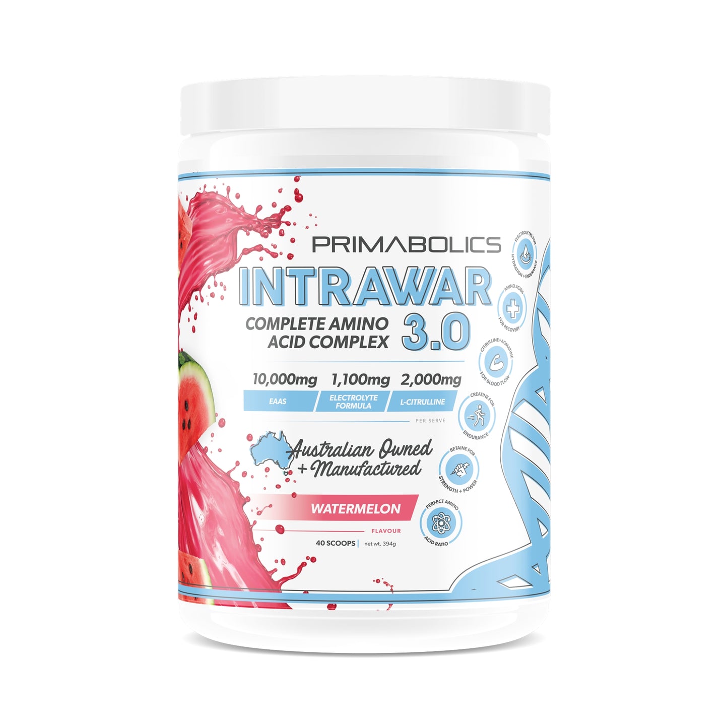 Primabolics Intrawar 3.0 amino acid complex container with watermelon flavor on a white background