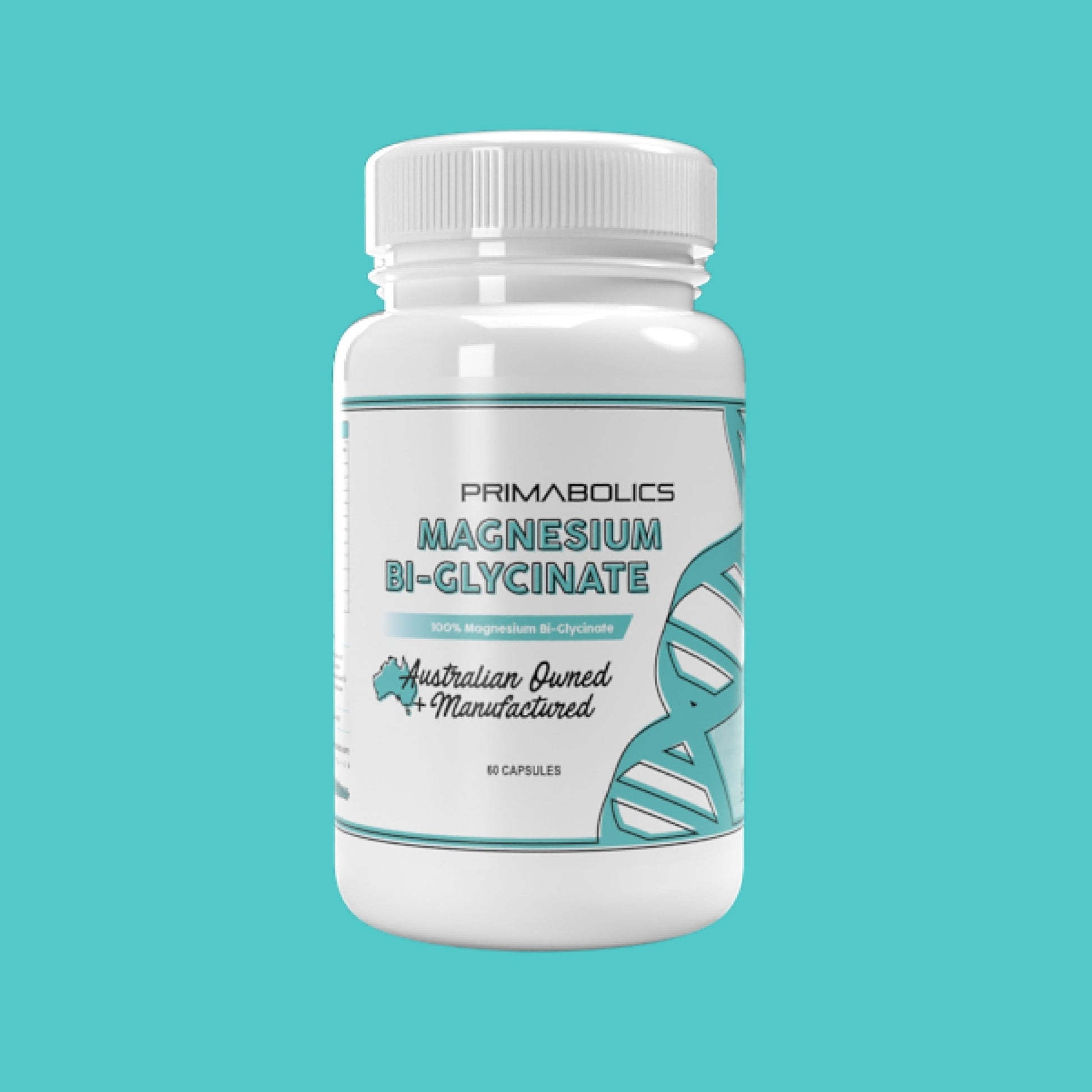 Bottle of Primabolics Magnesium Bi-Glycinate on a teal background