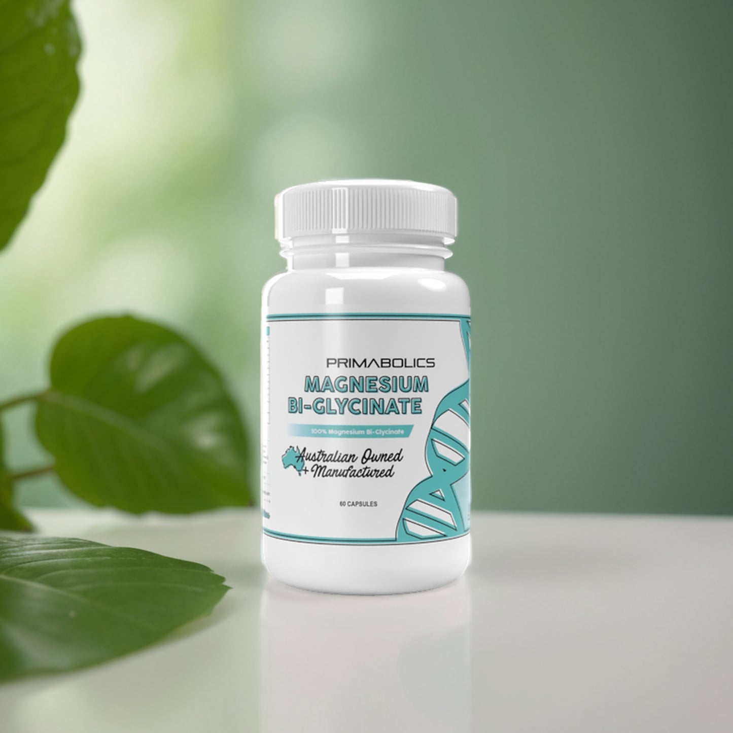 Supplement bottle labeled 'Magnesium Bi-Glycinate' by Primabolics on a green background with leaves.