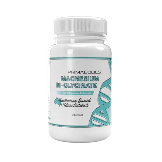 Supplement bottle labeled 'Primabolics Magnesium Bi-Glycinate' on a white background