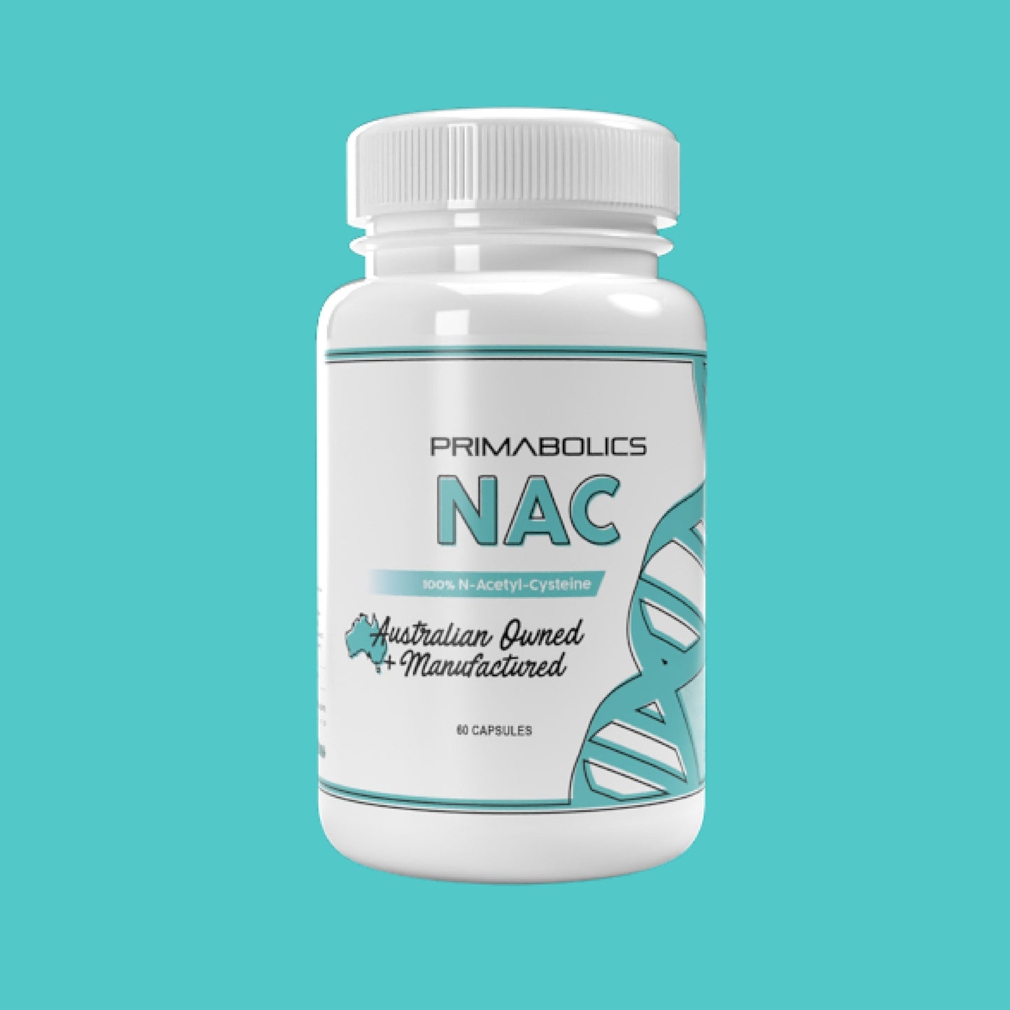 Bottle of Primabolics NAC on a teal background