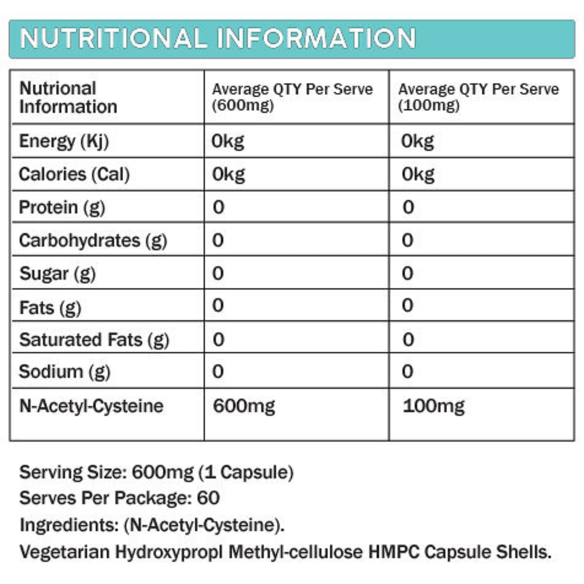 Nutritional information table for a supplement with N-Acetyl-Cysteine.