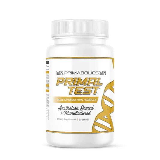 Supplement bottle labeled 'Primal Test' by Primabolics on a white background