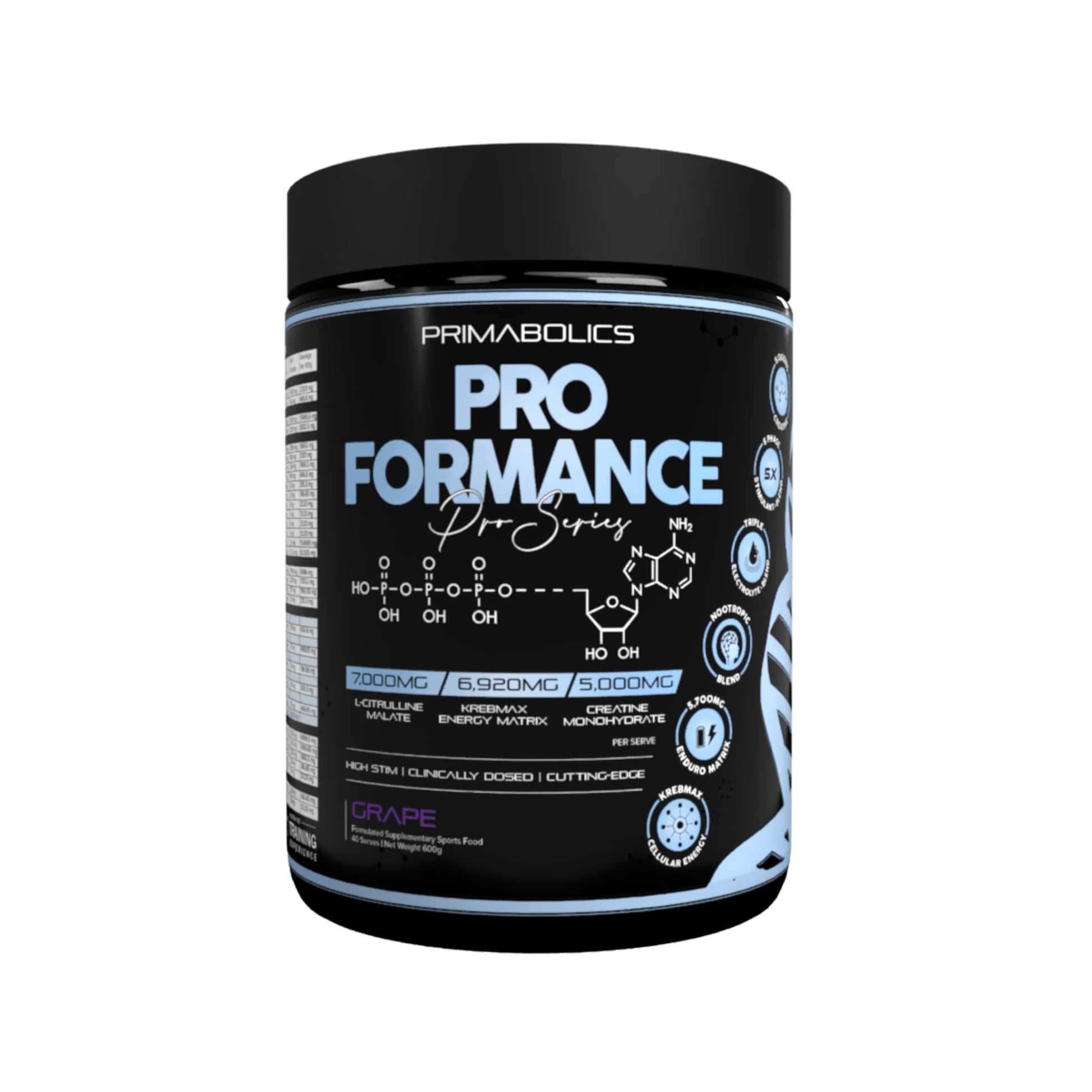 Primabolics Pro Formance supplement container on a white background.