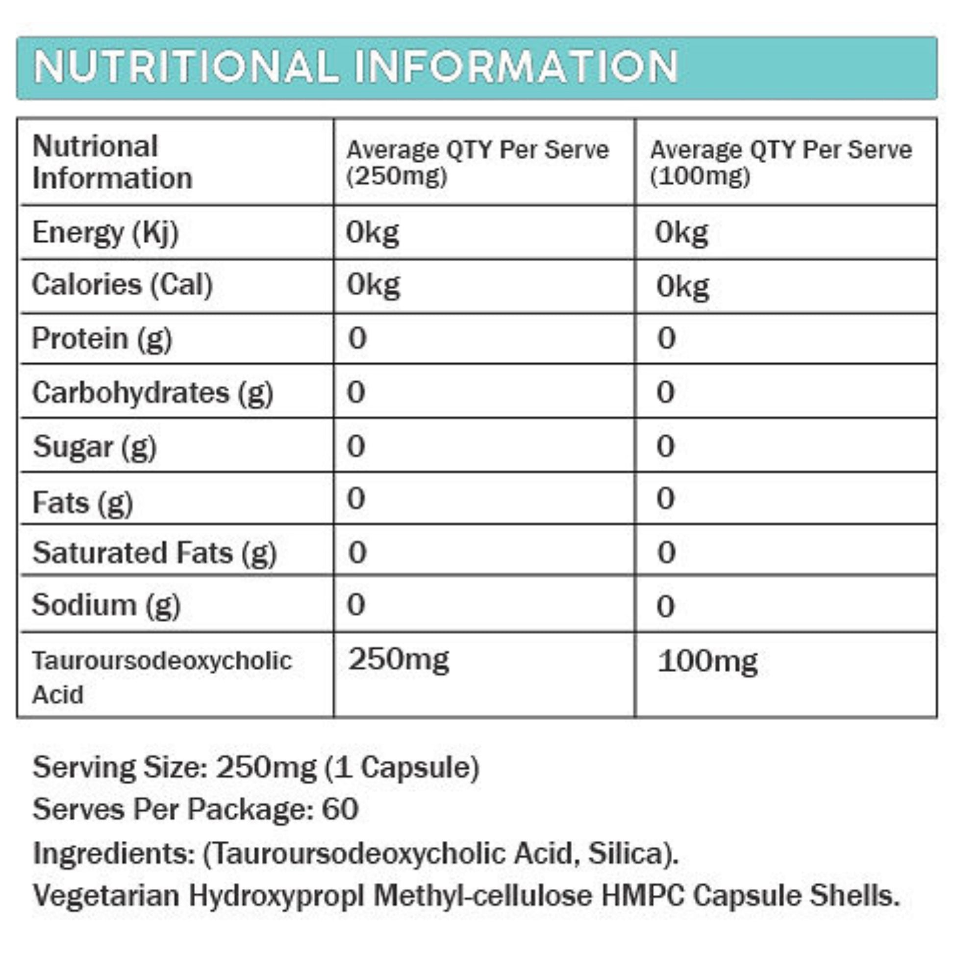 Nutritional information table for a supplement with tauroursodeoxycholic acid.