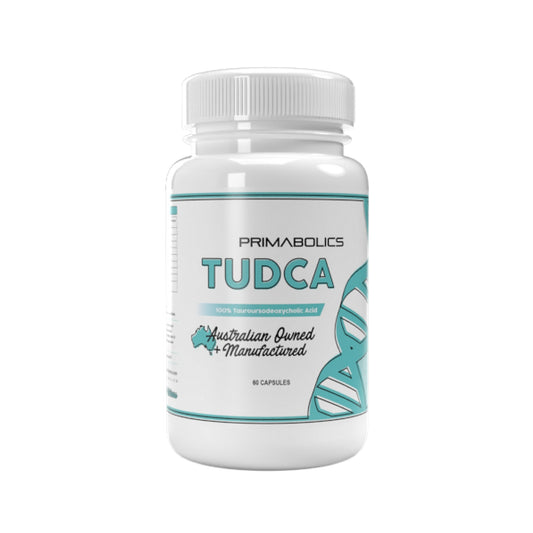 White supplement bottle labeled 'TUDCA' with teal text on a white background