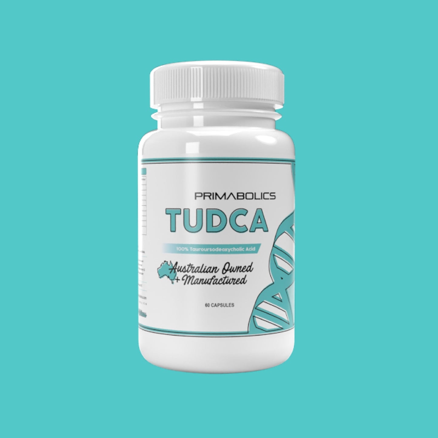 White supplement bottle labeled 'TUDCA' on a teal background