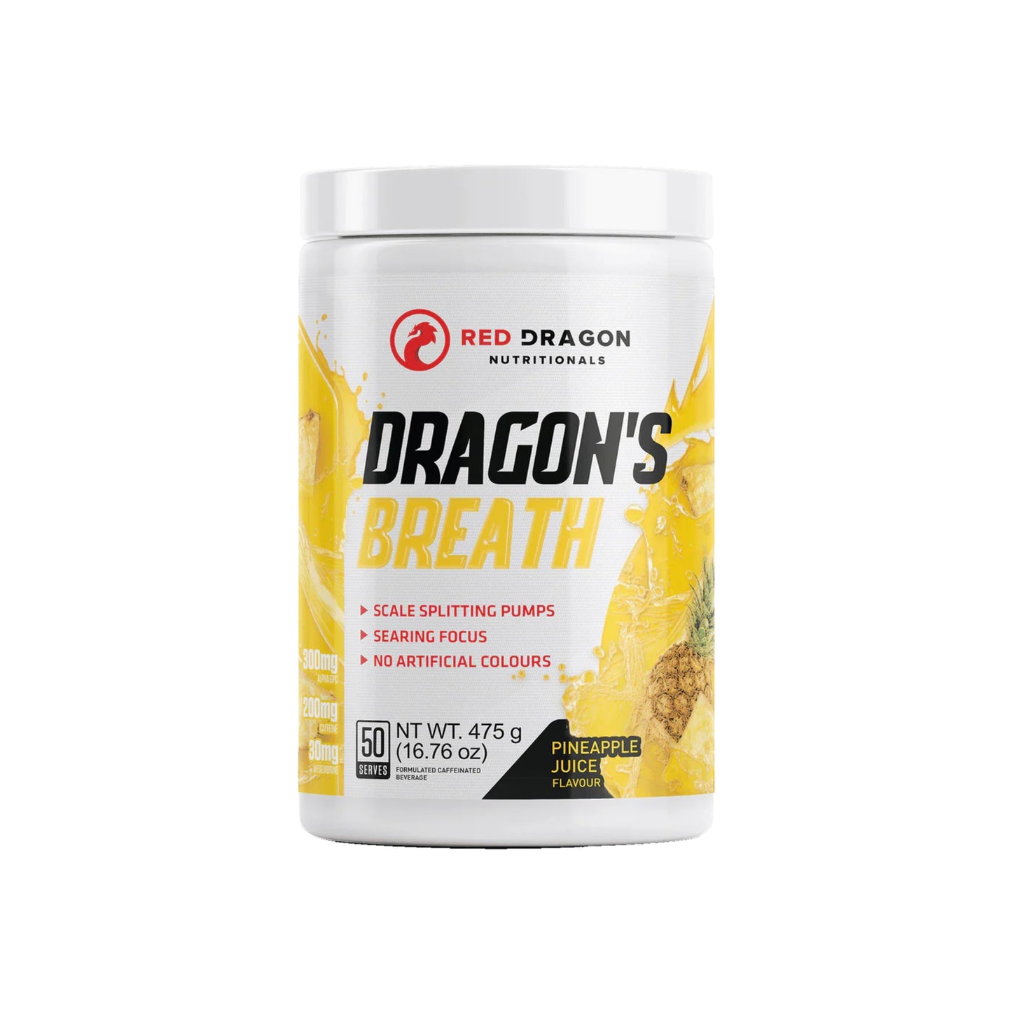 Container of Red Dragon Nutritionals Dragon's Breath supplement with pineapple juice flavor on a white background