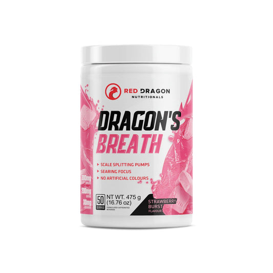 Container of Red Dragon Nutritionals Dragon's Breath supplement with pink label on white background