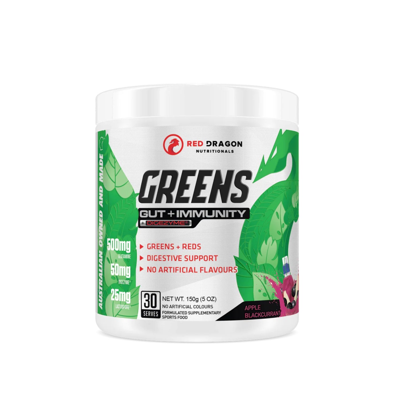 Supplement container labeled 'Greens Gut + Immunity' by Red Dragon Nutritional on a white background