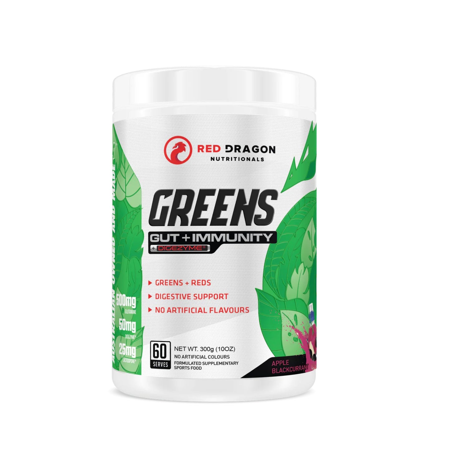 Supplement container labeled 'Red Dragon Nutritionals Greens Gut + Immunity' on a white background