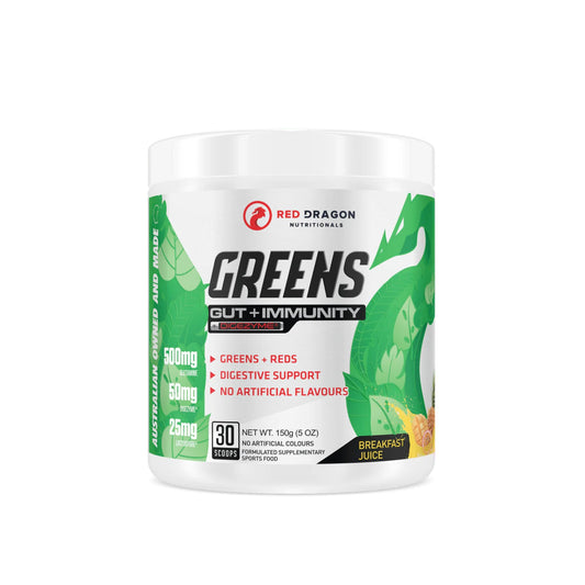Supplement container labeled 'Greens Gut + Immunity' by Red Dragon Nutraceuticals on a white background.