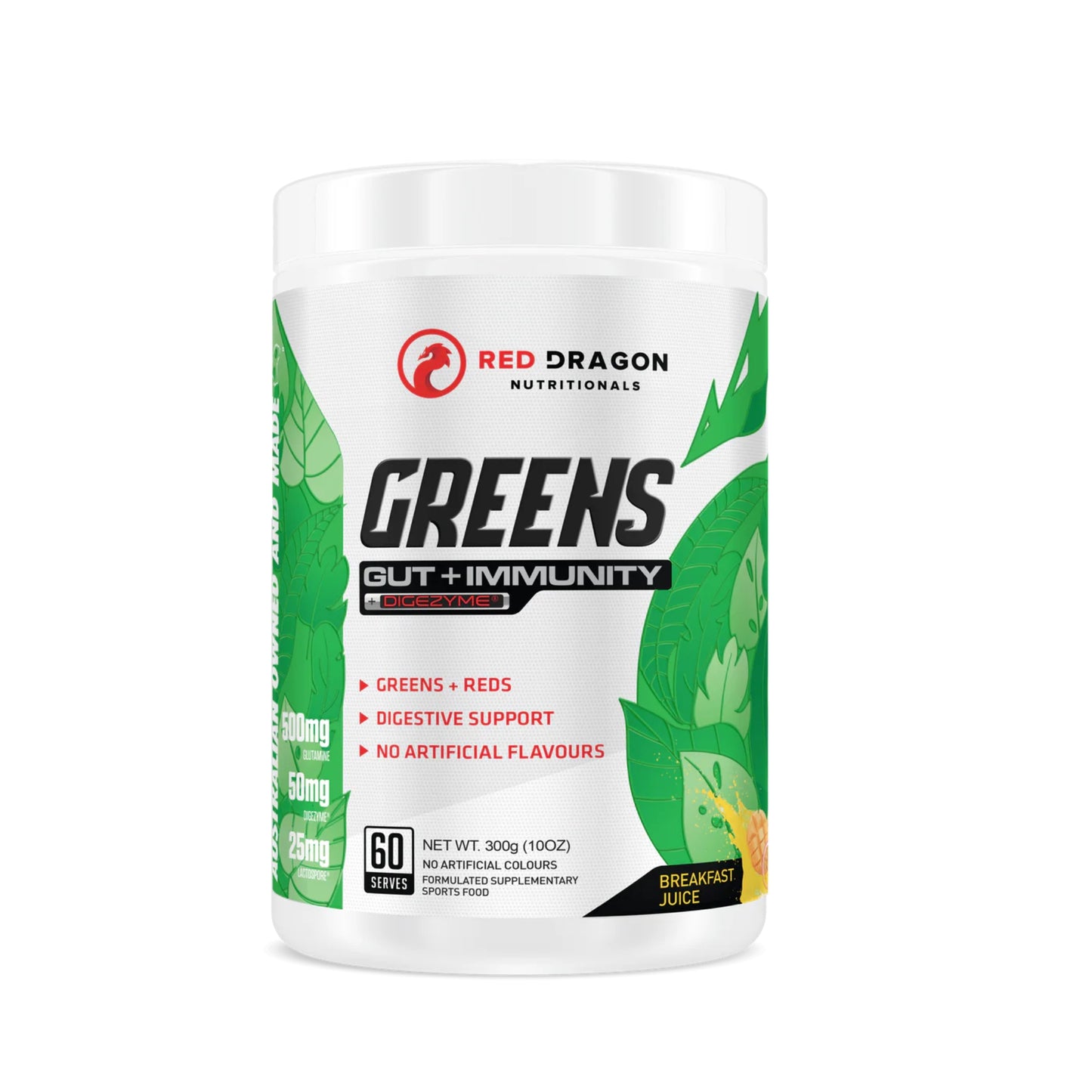 Supplement container labeled 'Red Dragon Nutritionals Greens Gut + Immunity' on a white background