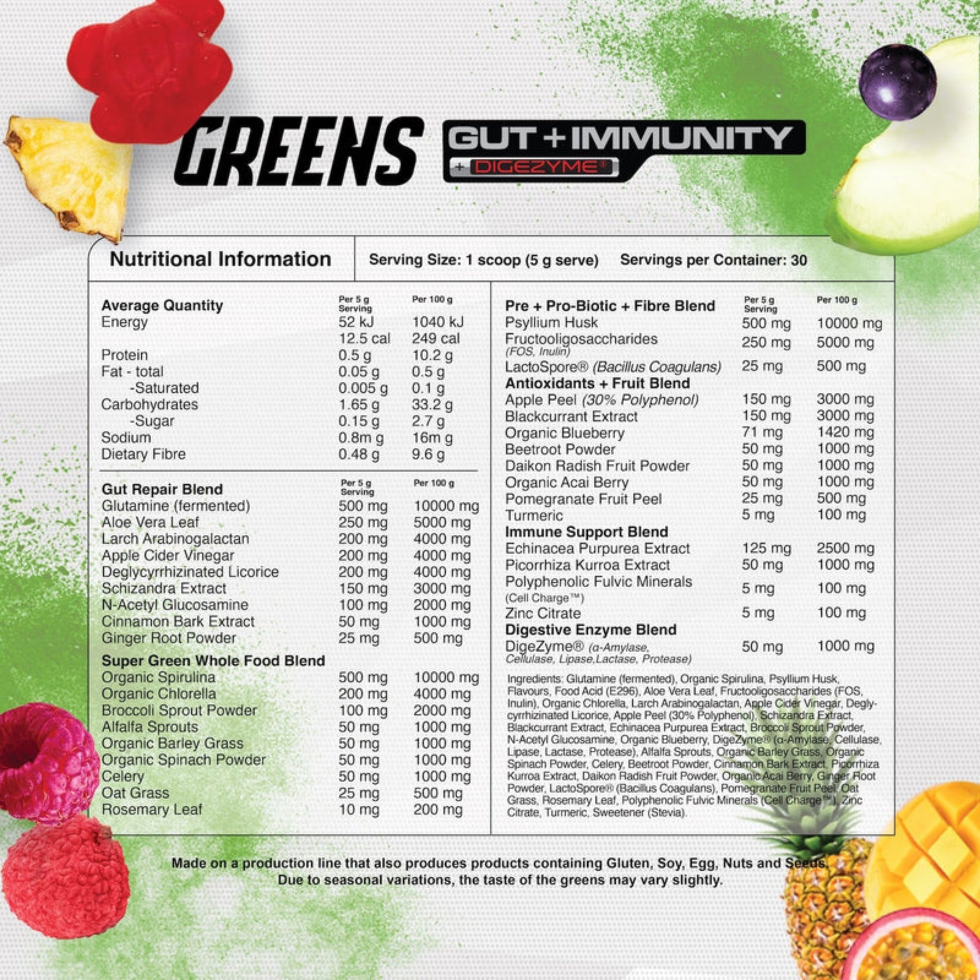 Nutritional information label for a product labeled 'Greens Gut + Immunity' with fruit illustrations.