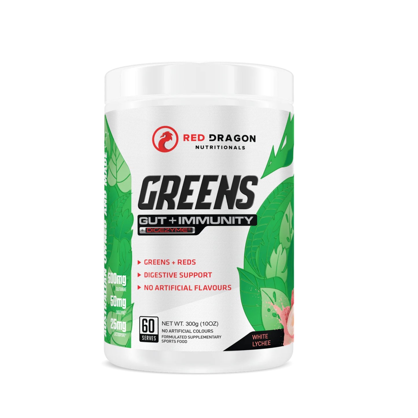 Supplement container labeled 'Red Dragon Nutritionals Greens Gut + Immunity' on a white background