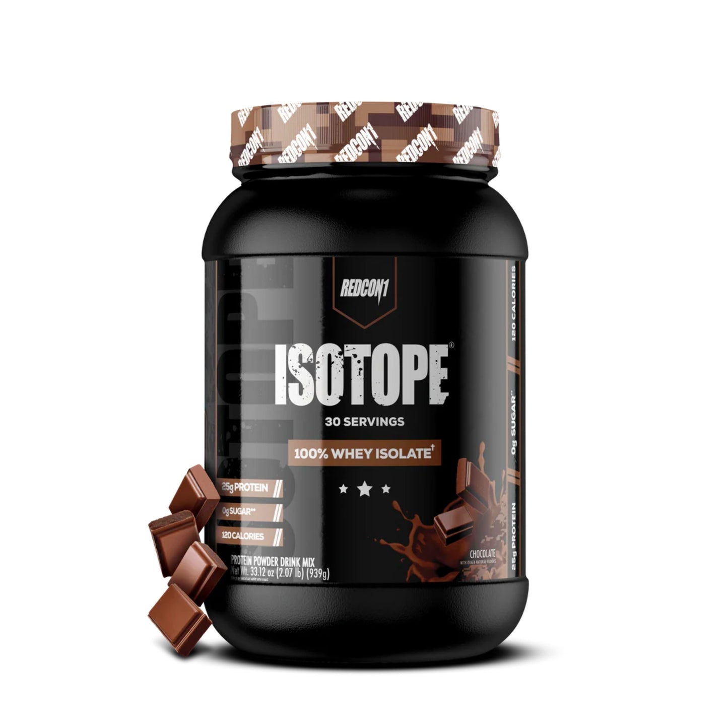 Black protein powder container with 'Redcon1 Isotope' branding on a white background