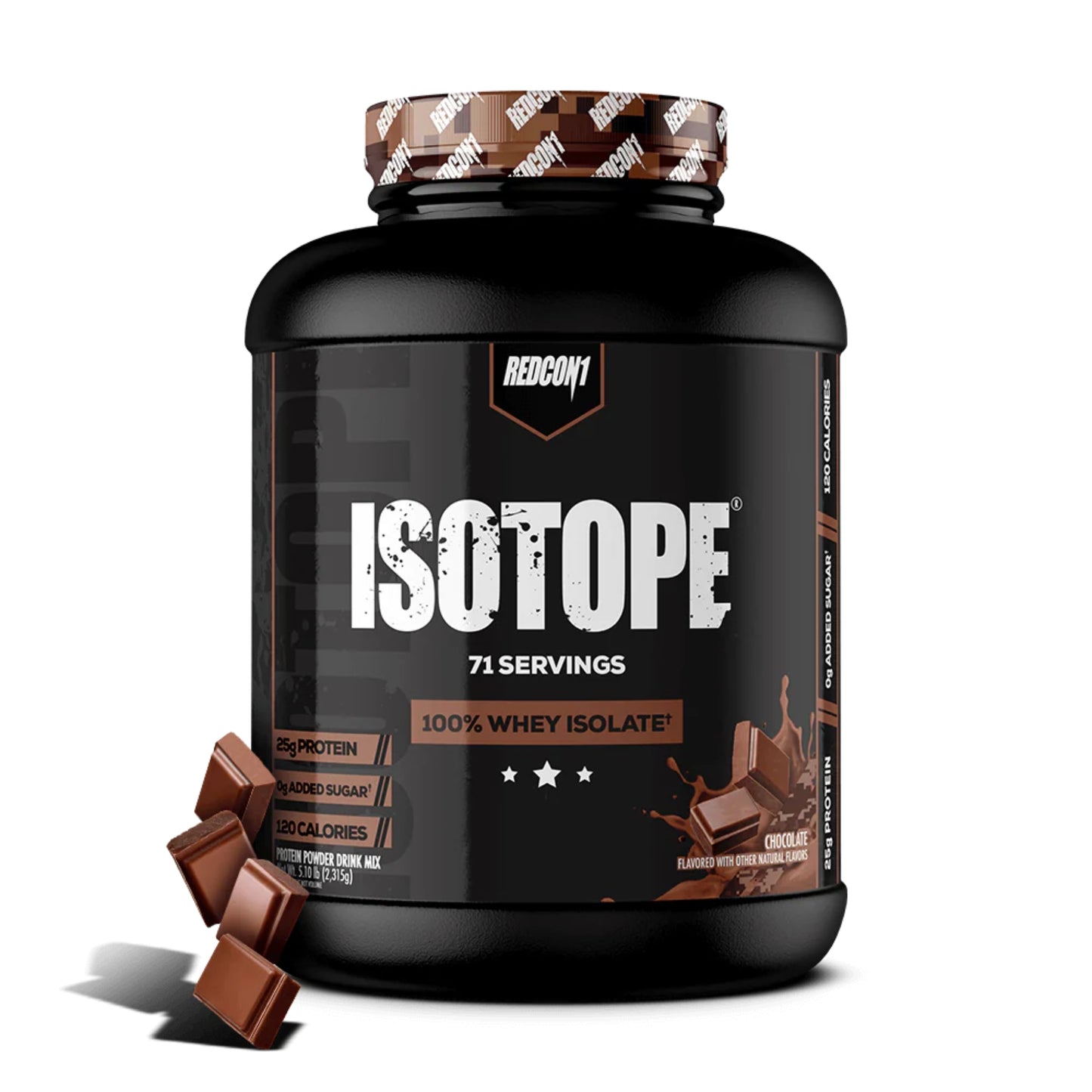 Black supplement container labeled 'Isotope' with chocolate flavor indication on a white background