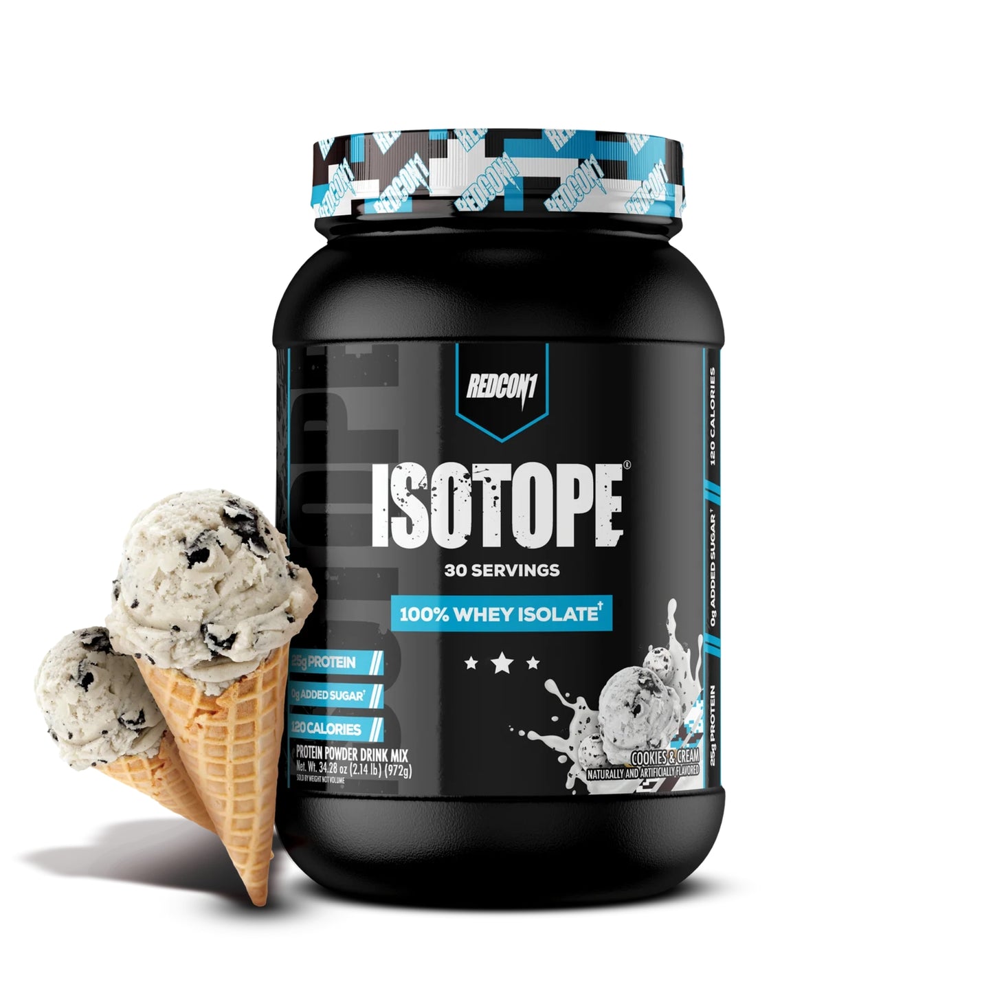 Black supplement container labeled 'Isotope' with two ice cream cones on a white background
