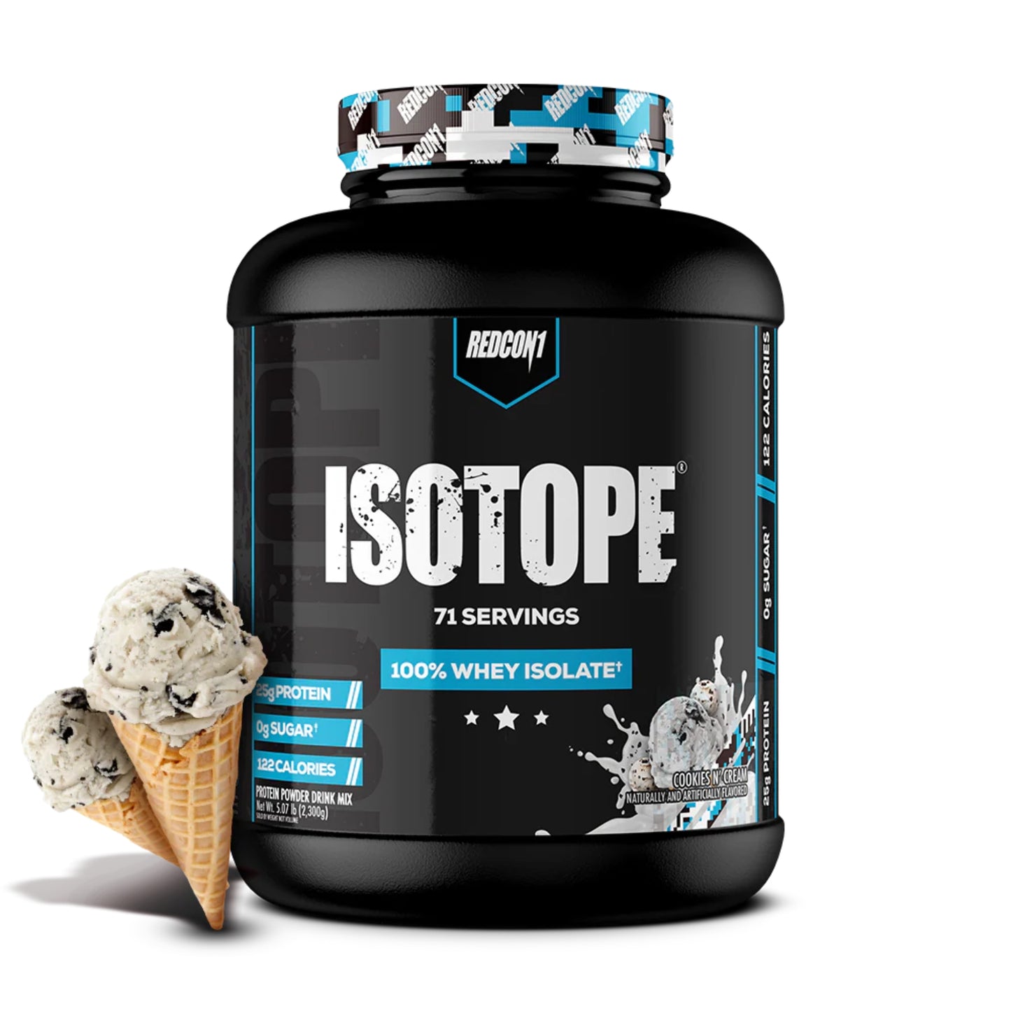 Isotope whey isolate protein powder container with ice cream cones on a white background