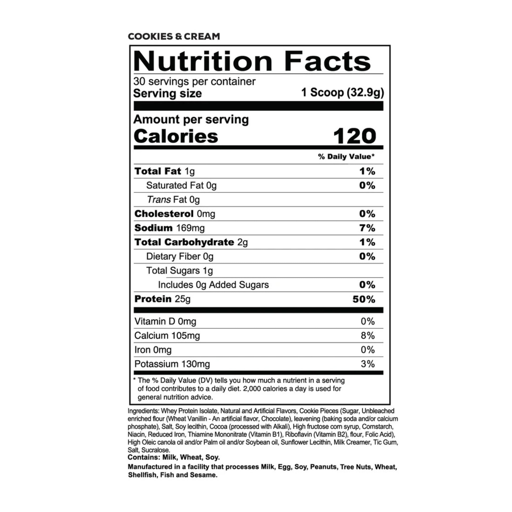 Nutrition facts label for a protein product with cookies and cream flavor.