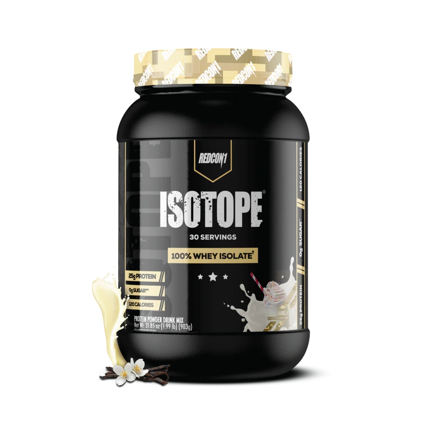 Black container of Redcon1 Isotope whey isolate protein powder on a white background