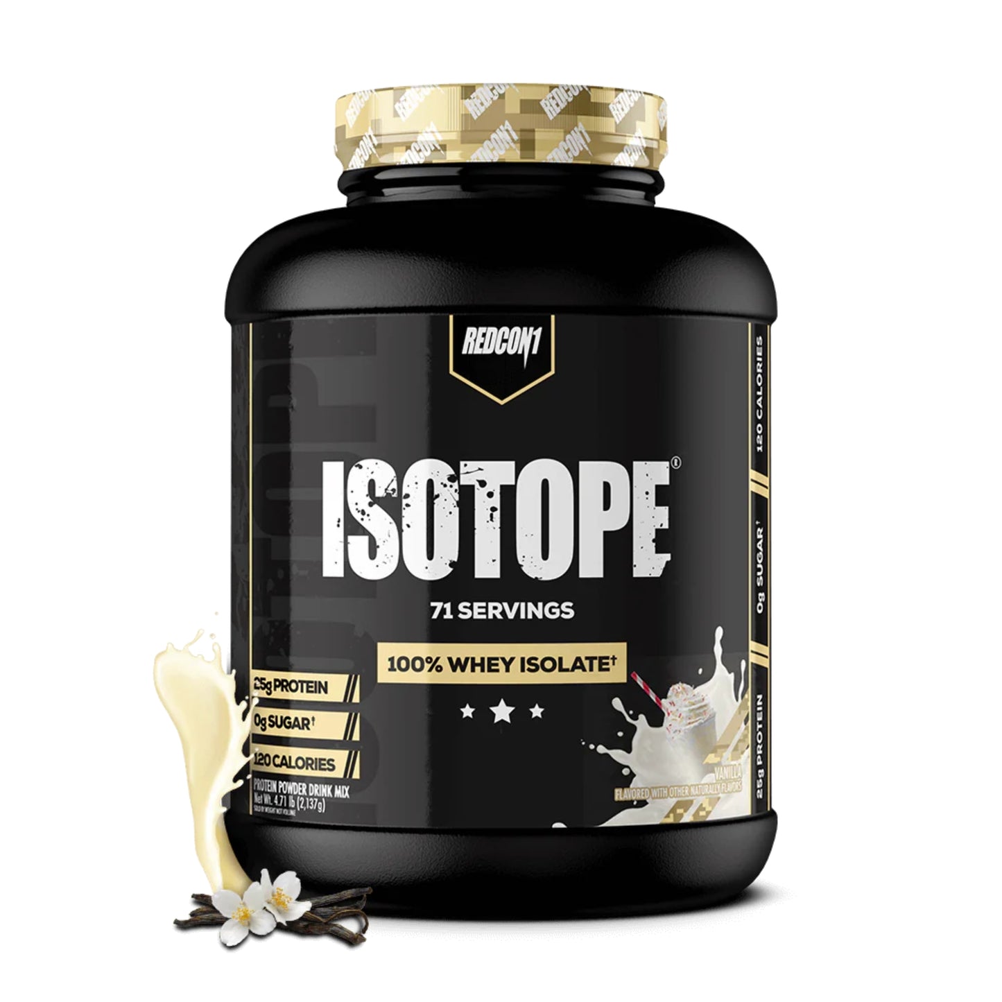 Black container of Isotope whey isolate protein powder with vanilla flavor on a white background