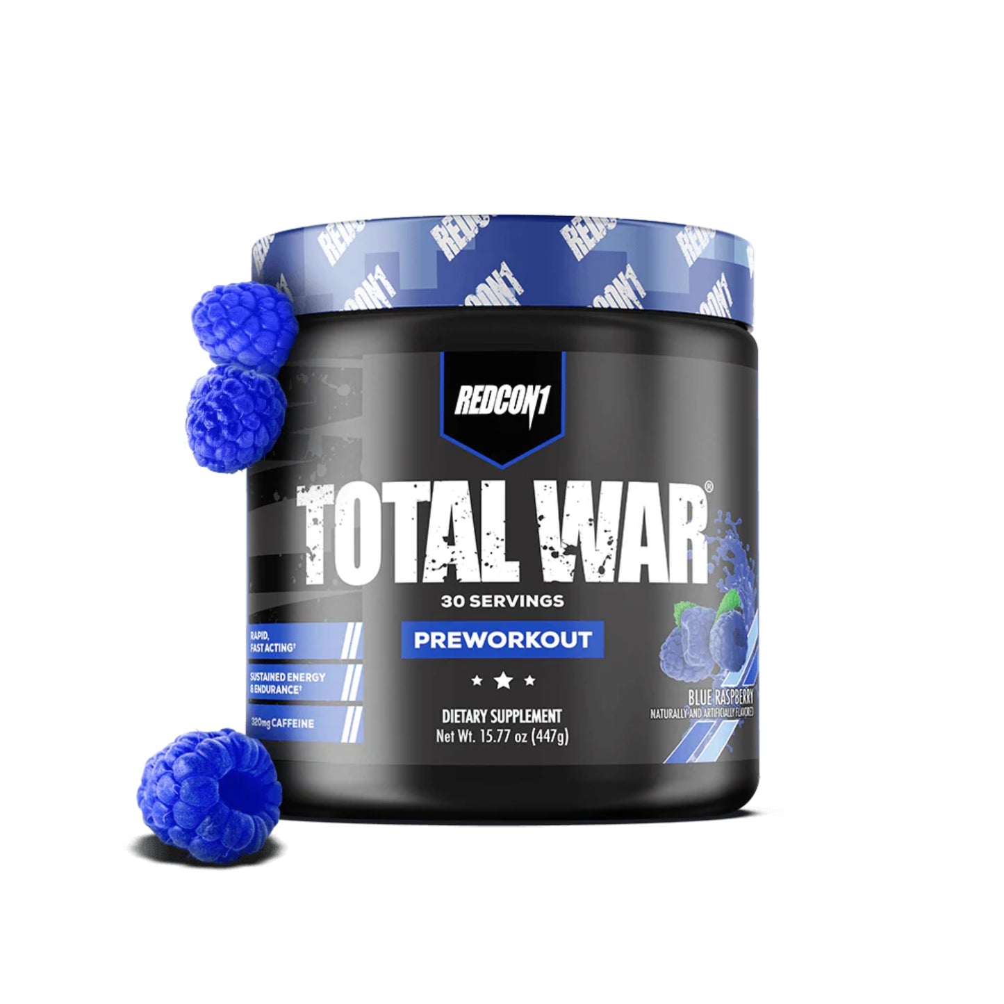 Black supplement container labeled 'Total War' by Redcon1 with blue powder on a white background