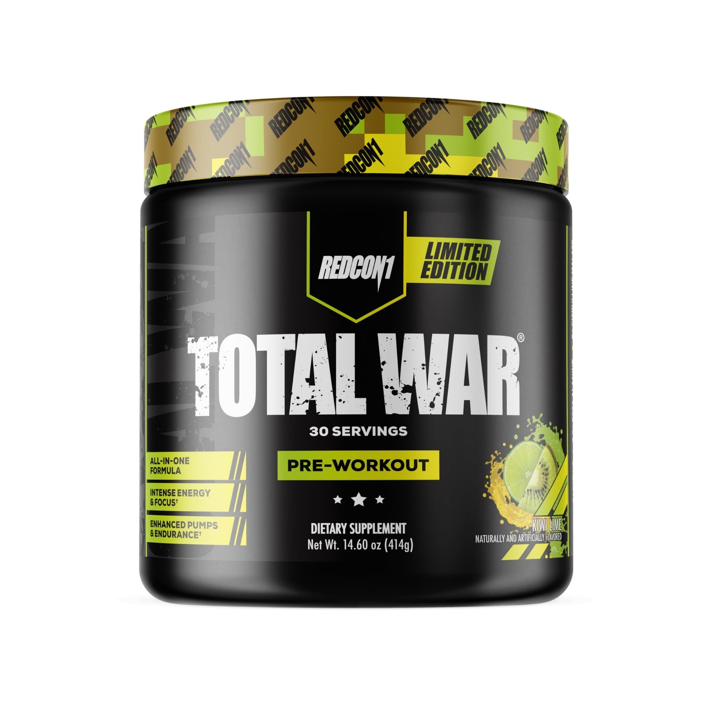 Black pre-workout supplement container with 'Total War' branding on a white background