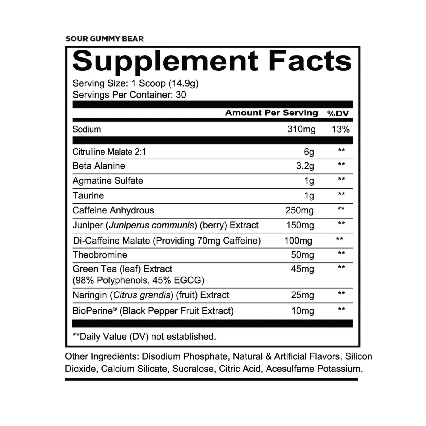 Supplement facts label for a product labeled 'Sour Gummy Bear' with various ingredients and their amounts per serving.