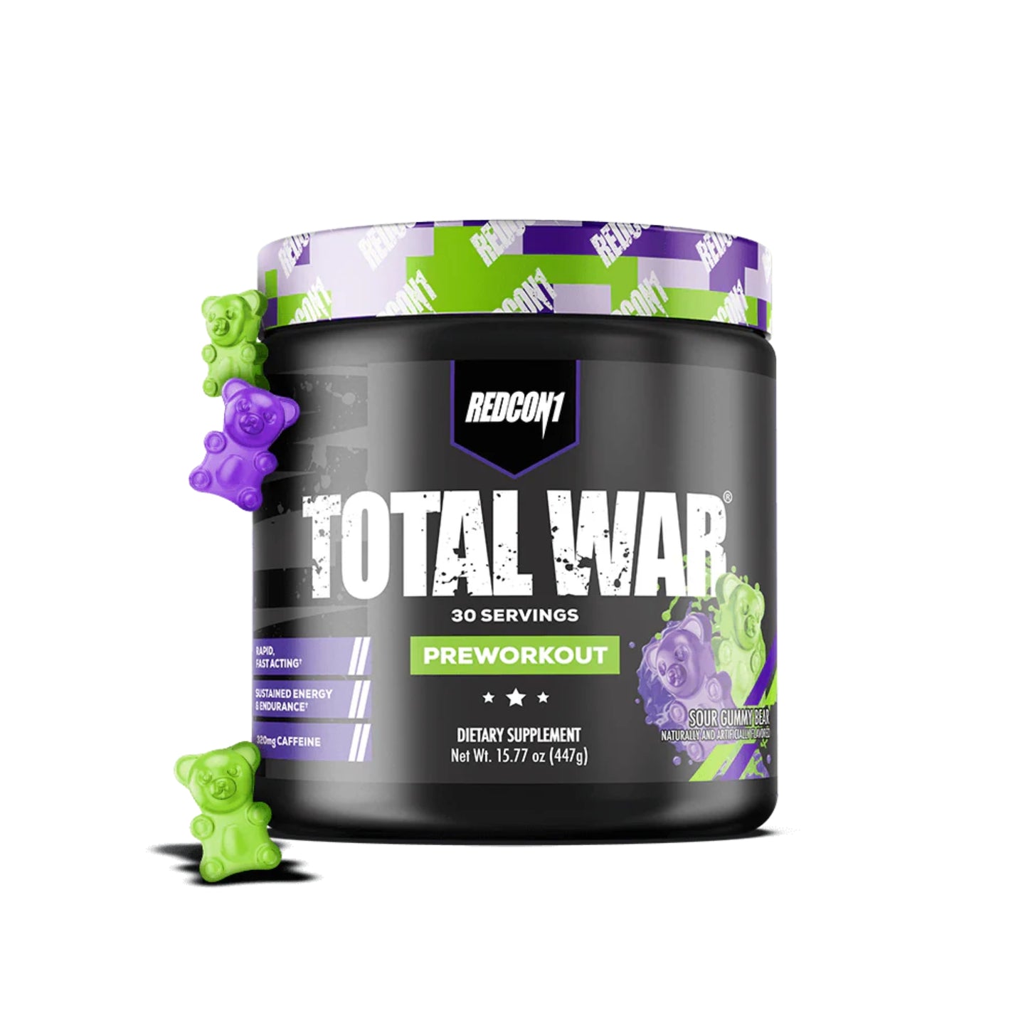 Black supplement container labeled 'Total War' with gummy bears on a white background