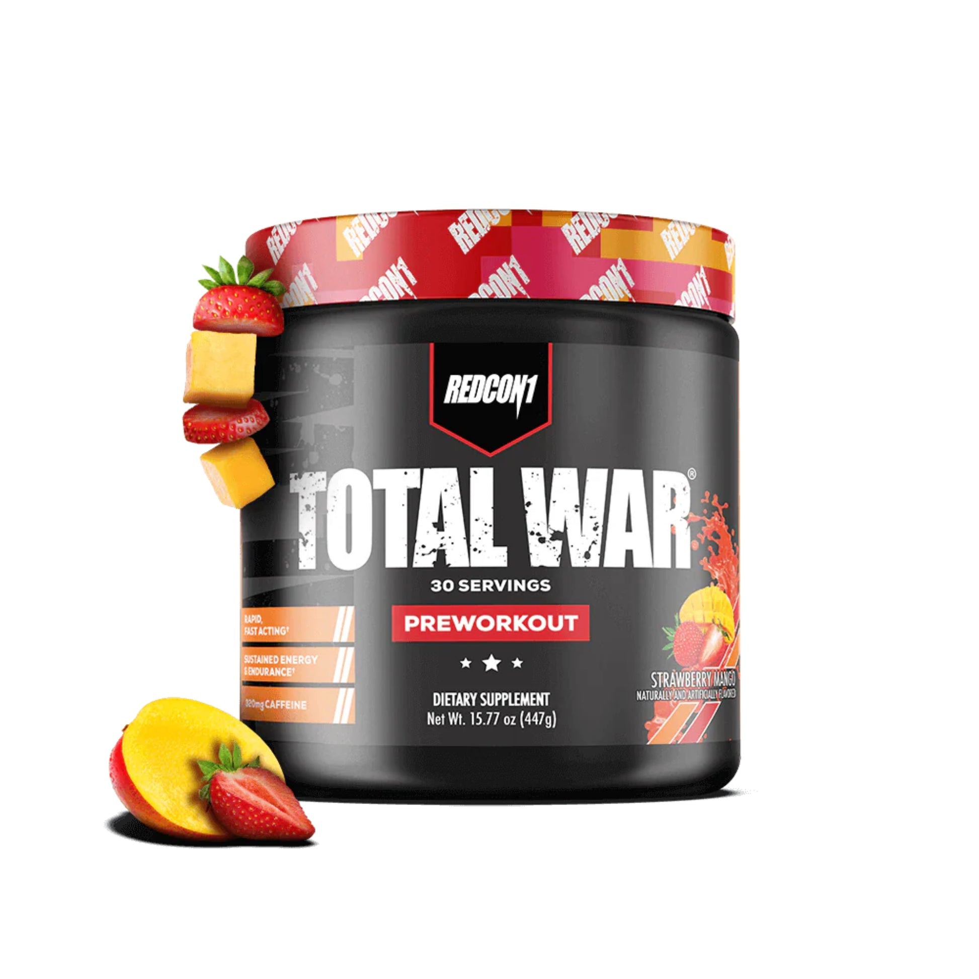 Black supplement container labeled 'Total War' by Redcon1 with fruit graphics on a white background