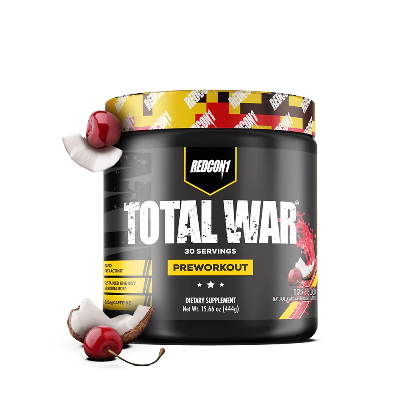 Redcon1 Total War preworkout supplement container with cherry and coconut decorations on a white background
