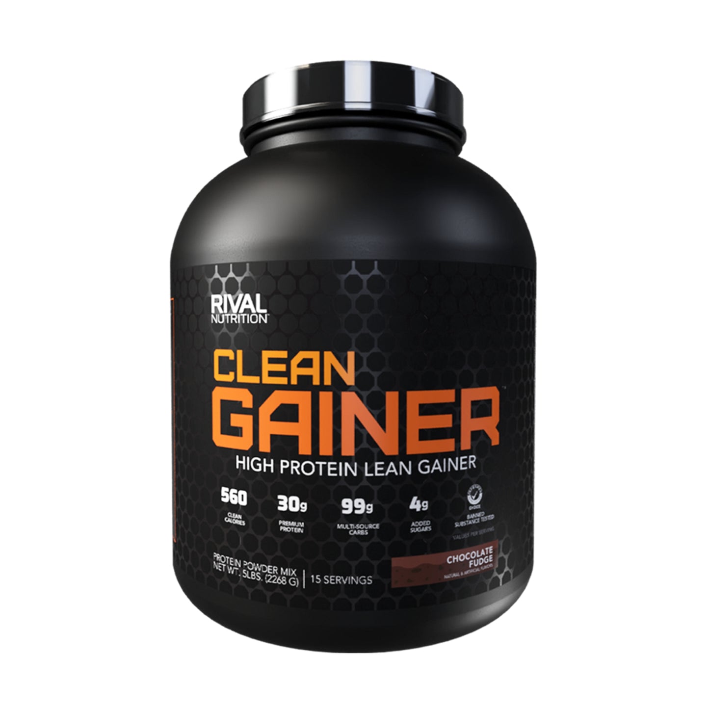 Black container of Rival Nutrition Clean Gainer on a white background