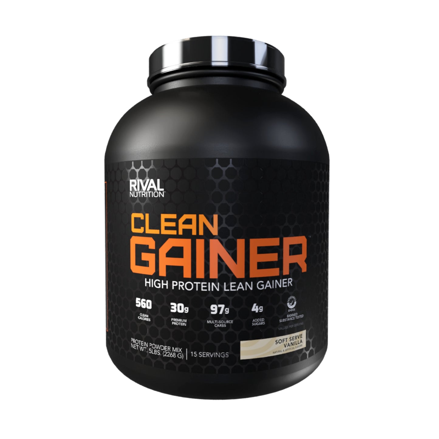 Black container of Rival Nutrition Clean Gainer on a white background
