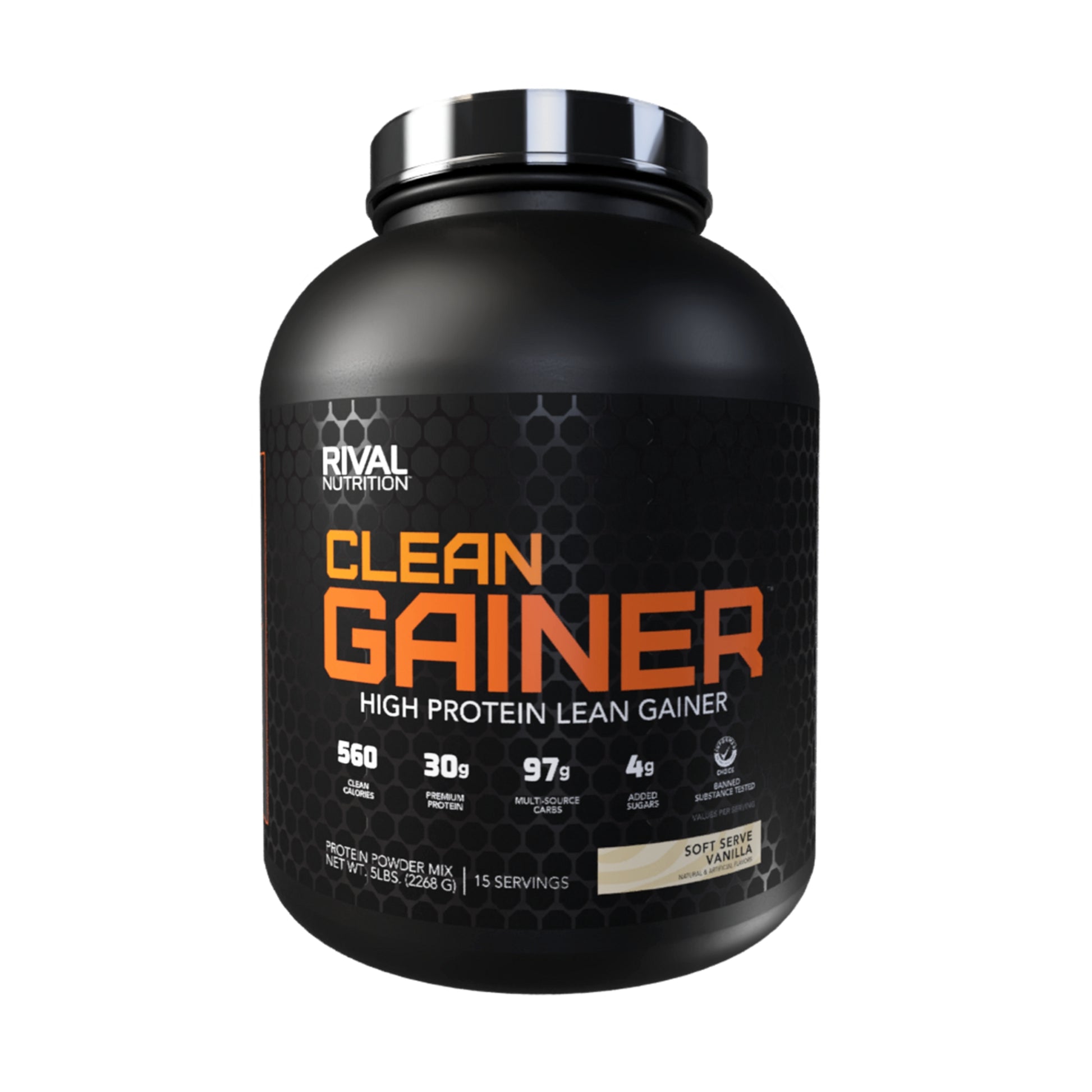 Black container of Rival Nutrition Clean Gainer on a white background