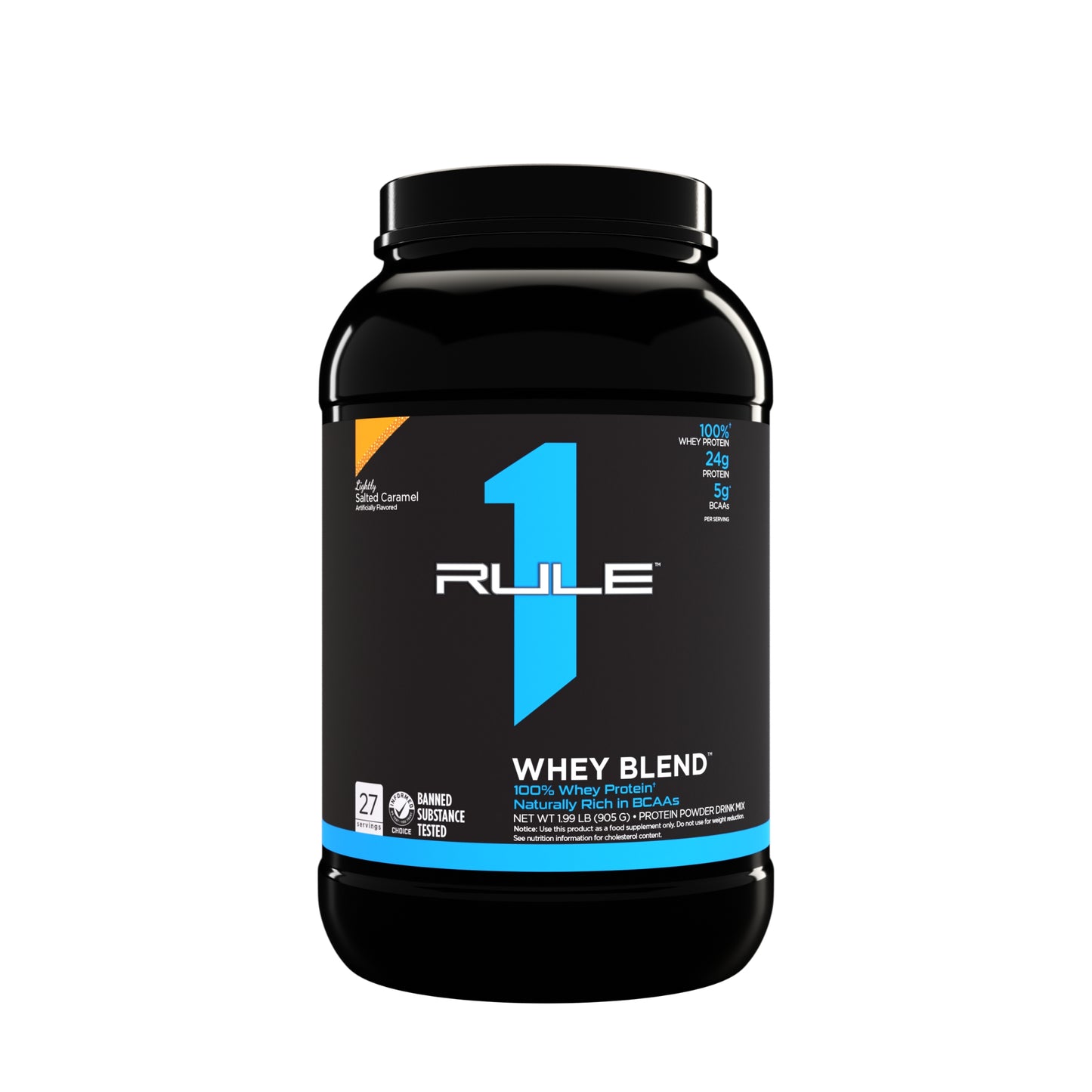 Black container of Rule 1 Whey Blend on a white background