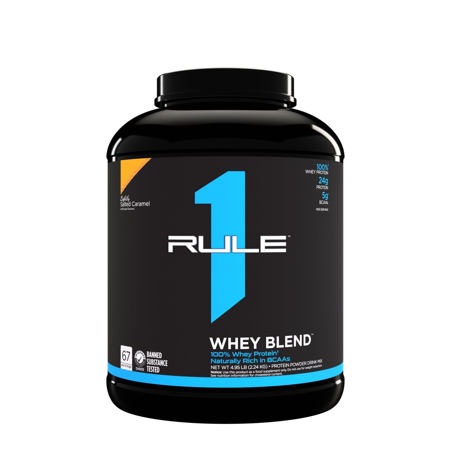 Black container of Rule 1 Whey Blend protein powder on a white background