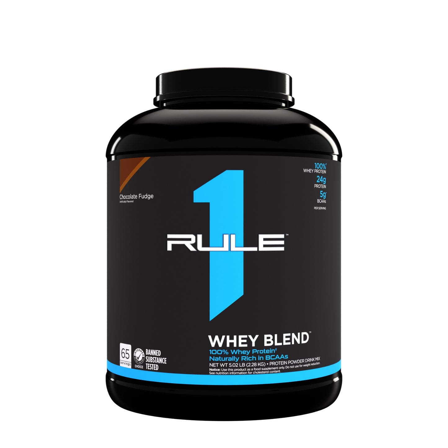 Black container of Rule 1 Whey Blend protein powder on a white background