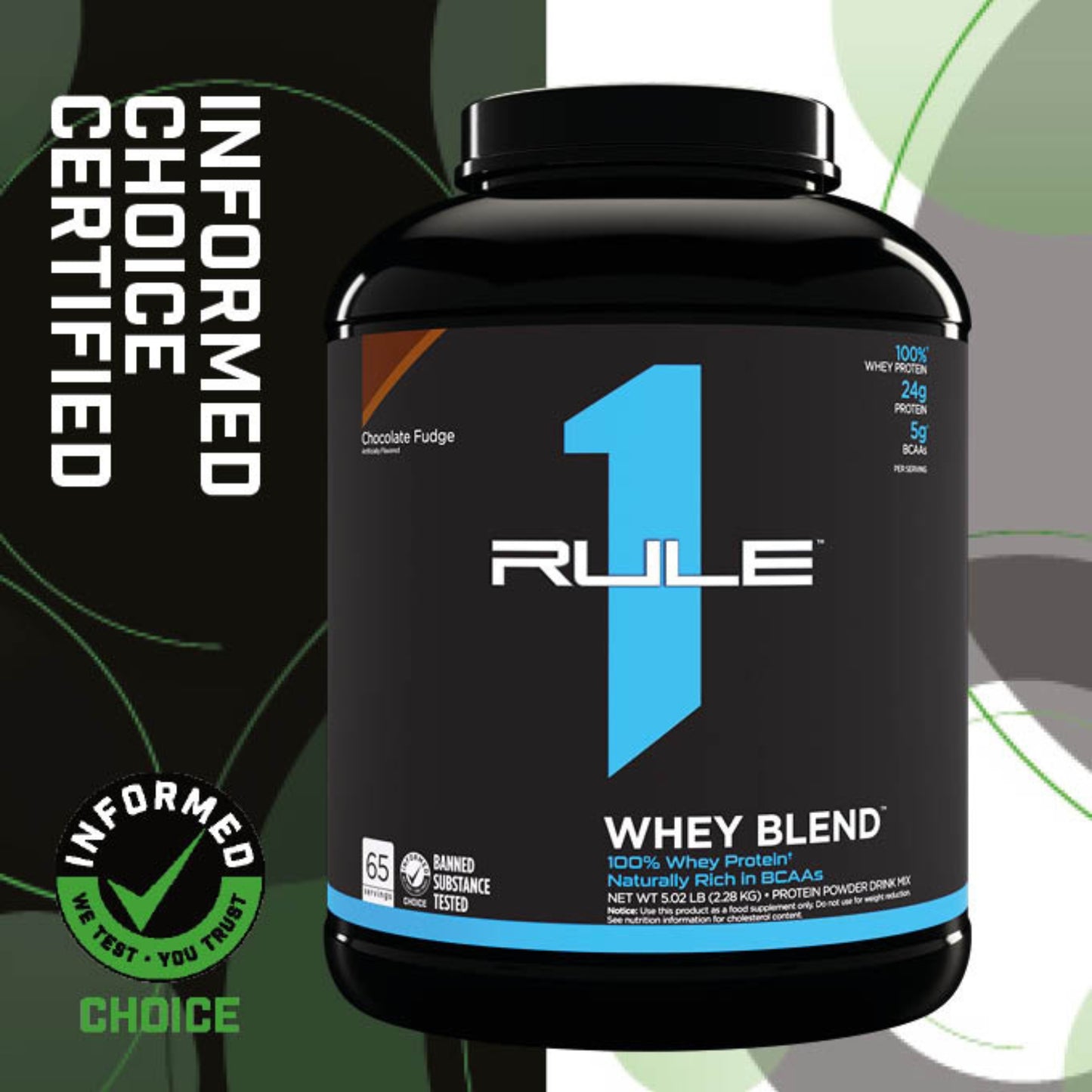 Rule 1 Whey Blend protein powder container with certification label on a green and black background