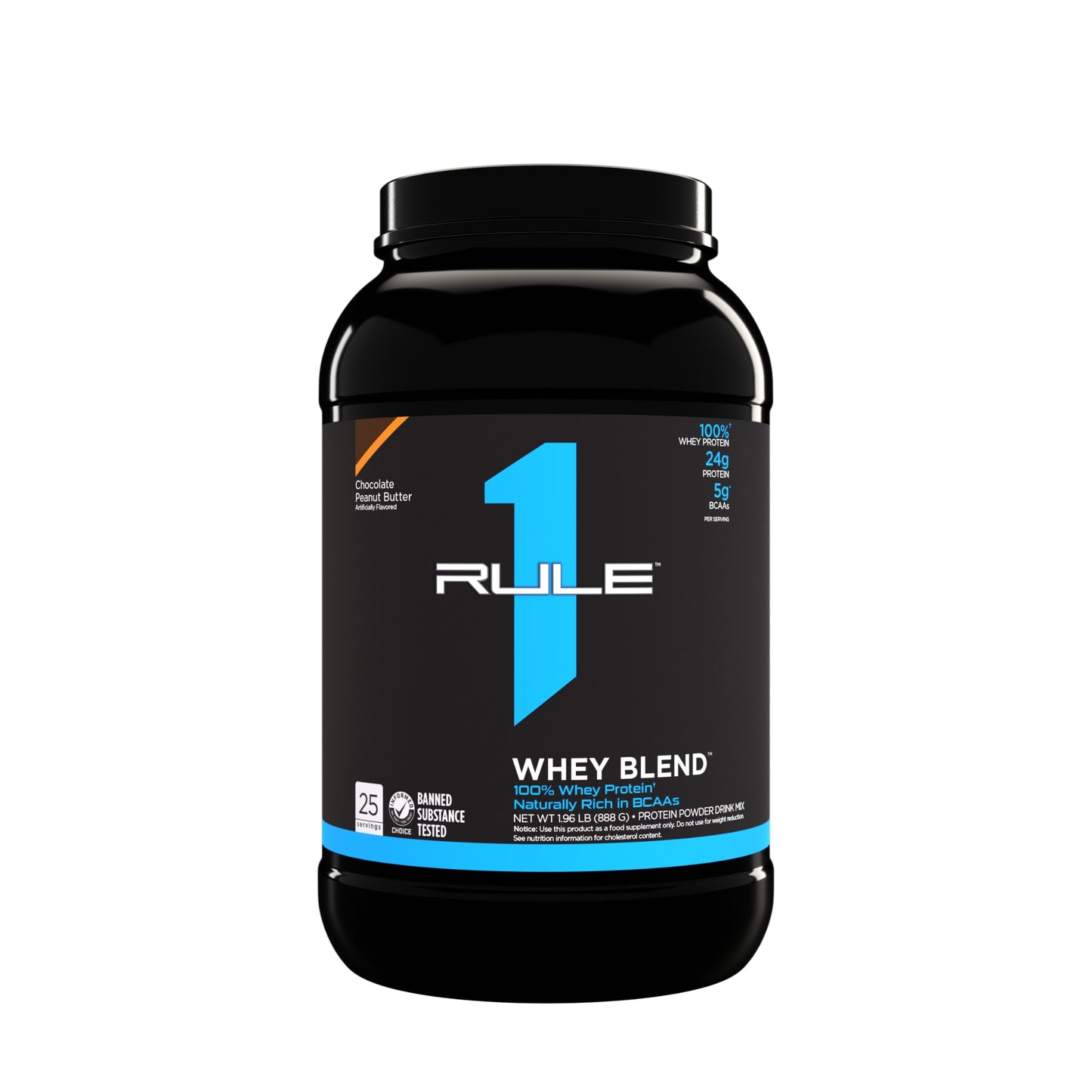 Black container of Rule 1 Whey Blend on a white background