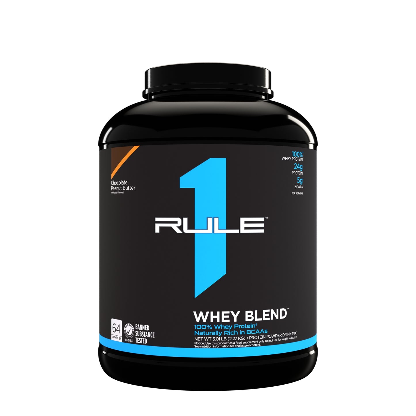 Rule 1 Whey Blend protein powder container on a white background
