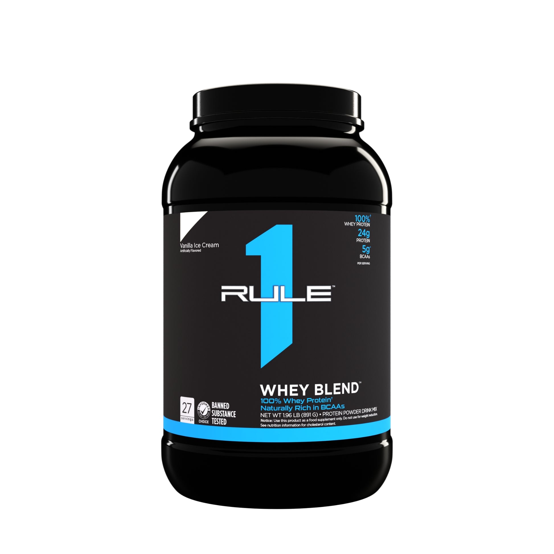 Black container of Rule 1 Whey Blend on a white background