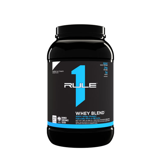Black container of Rule 1 Whey Blend on a white background