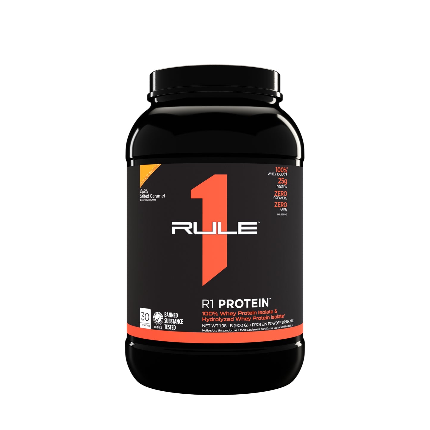 Rule 1 protein powder container on a white background
