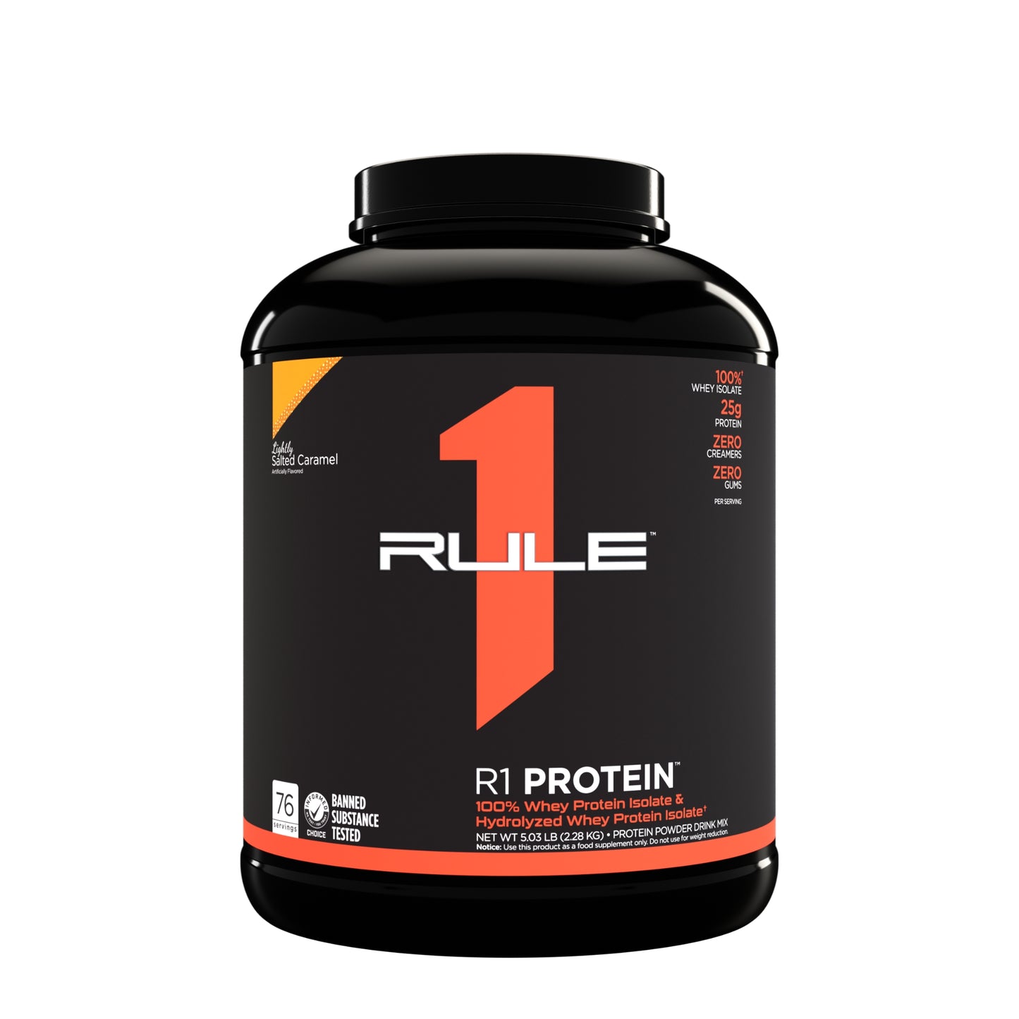 Rule 1 protein powder container on a white background