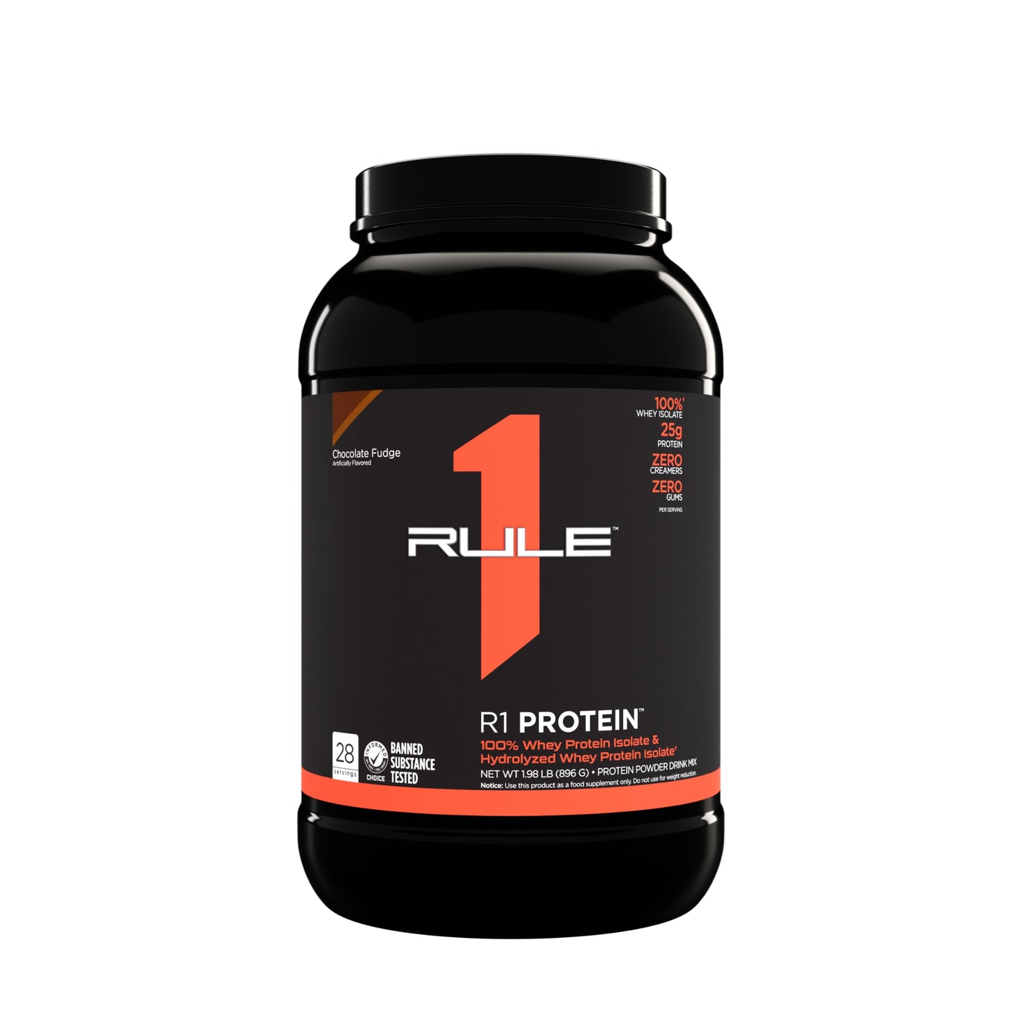 Rule 1 protein powder container on a white background