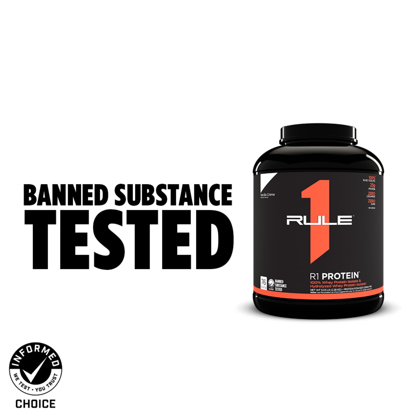 Rule 1 protein supplement container with 'Banned Substance Tested' text on a white background
